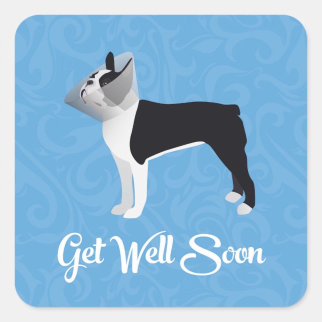 Black Boston Terrier Get Well Soon Funny Dog Square Sticker (Front)