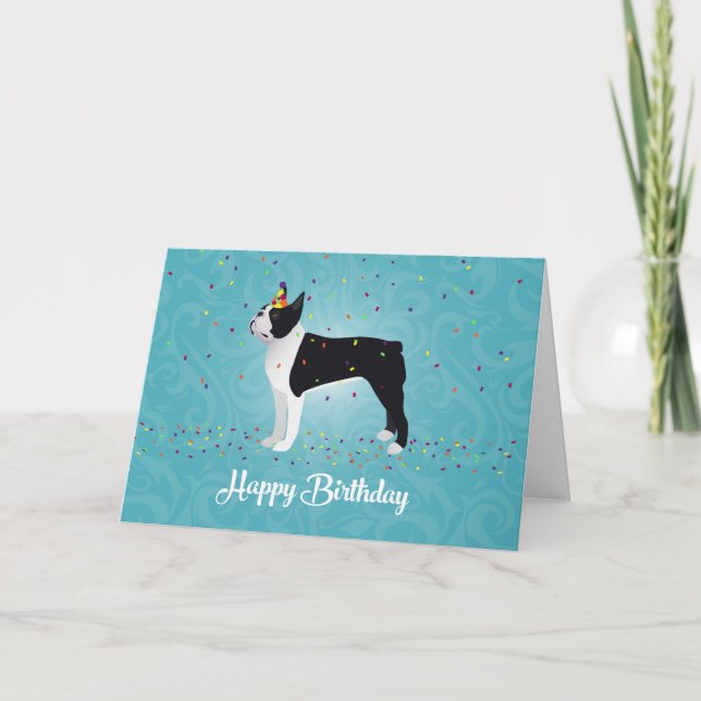 Black Boston Terrier Happy Birthday Design Card (Front)