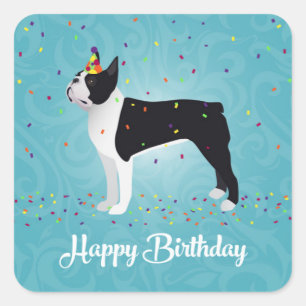 Black Boston Terrier Happy Birthday Design Square Sticker