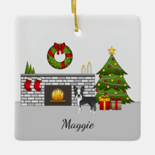 Black Boston Terrier In A Festive Christmas Room Ceramic Ornament