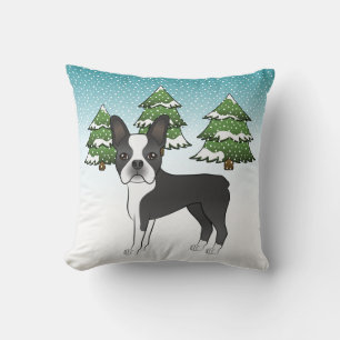 Black Boston Terrier In A Winter Forest Cushion