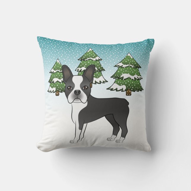 Black Boston Terrier In A Winter Forest Cushion (Front)