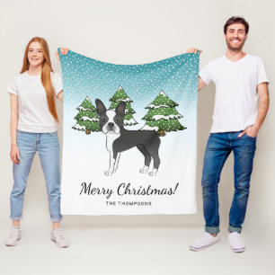 Black Boston Terrier In A Winter Forest Fleece Blanket