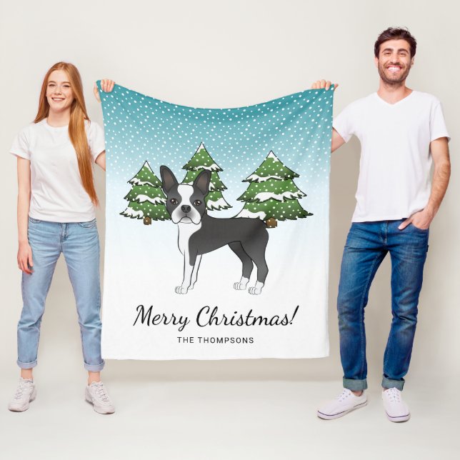 Black Boston Terrier In A Winter Forest Fleece Blanket (In Situ)