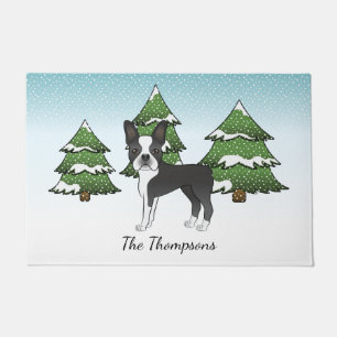 Black Boston Terrier In A Winter Forest & Name Doormat