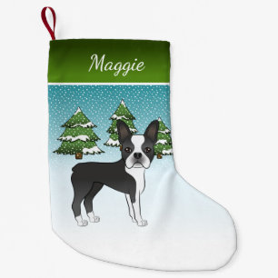 Black Boston Terrier In A Winter Forest & Name Small Christmas Stocking