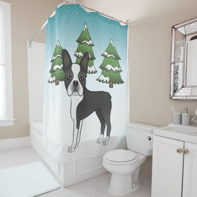 Black Boston Terrier In A Winter Forest Shower Curtain (In Situ)