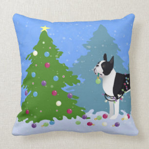 Black Boston Terrier in Christmas Forest Cushion