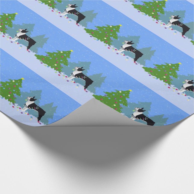 Black Boston Terrier in Christmas Forest Wrapping Paper (Corner)