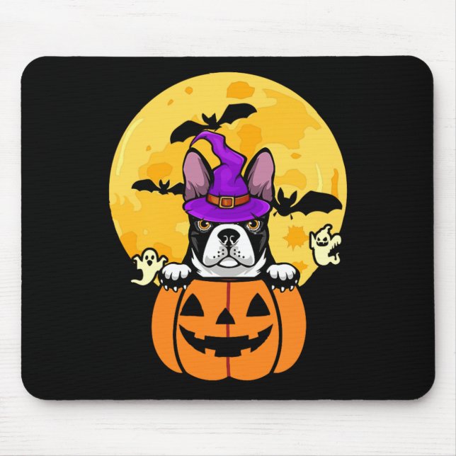 Black Boston Terrier Witch Dog Lover Halloween Mouse Mat (Front)