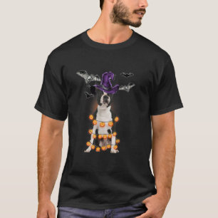 Black Boston Terrier Witch Hat With Bat And Hallow T-Shirt