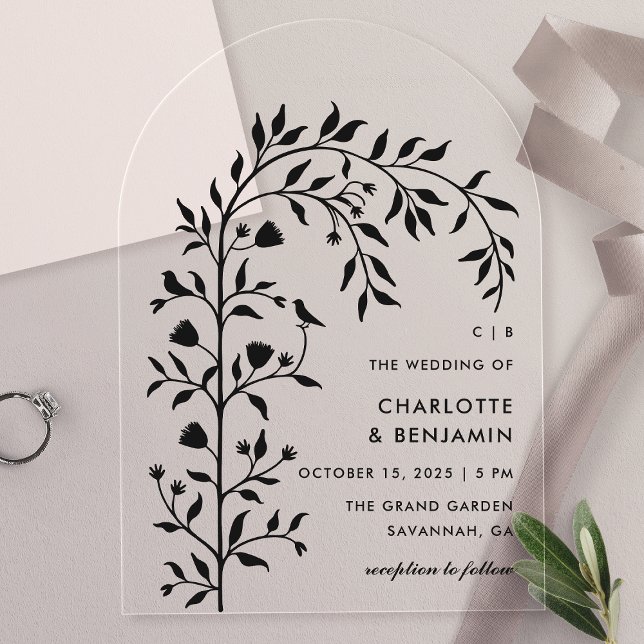 Black Botanical Bird Arch Wedding  Acrylic Invitations (Creator Uploaded)