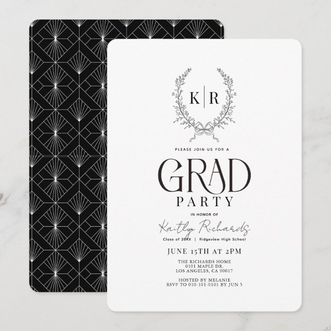 Black Botanical Crest Monogram Graduation Invitation (Front/Back)