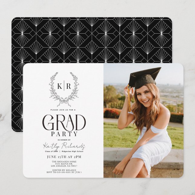 Black Botanical Crest Monogram Graduation Photo Invitation (Front/Back)