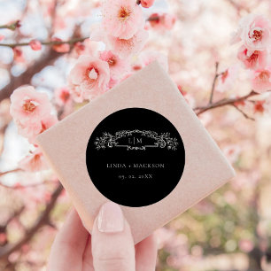 Black botanical crest monogram wedding classic round sticker