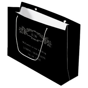 Black botanical crest monogram wedding large gift bag