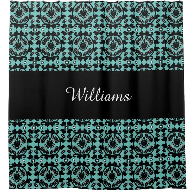 Black Botanical Damask Monogram Shower Curtain (Front)