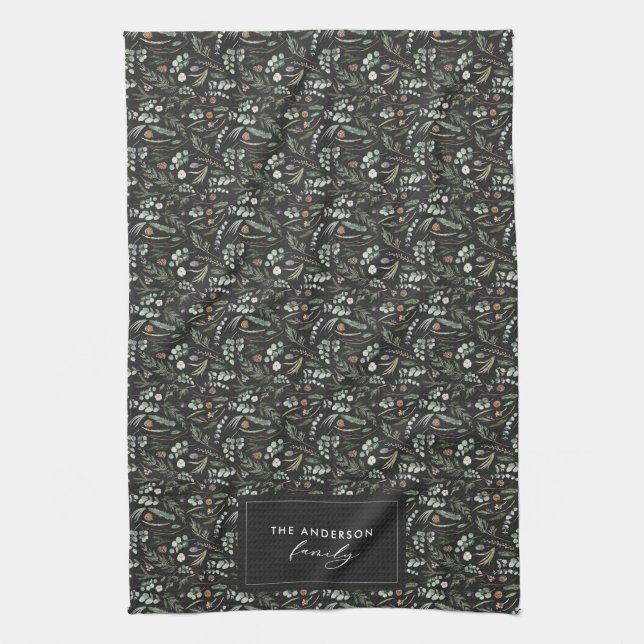 Black botanical elegant modern family gift decor tea towel (Vertical)
