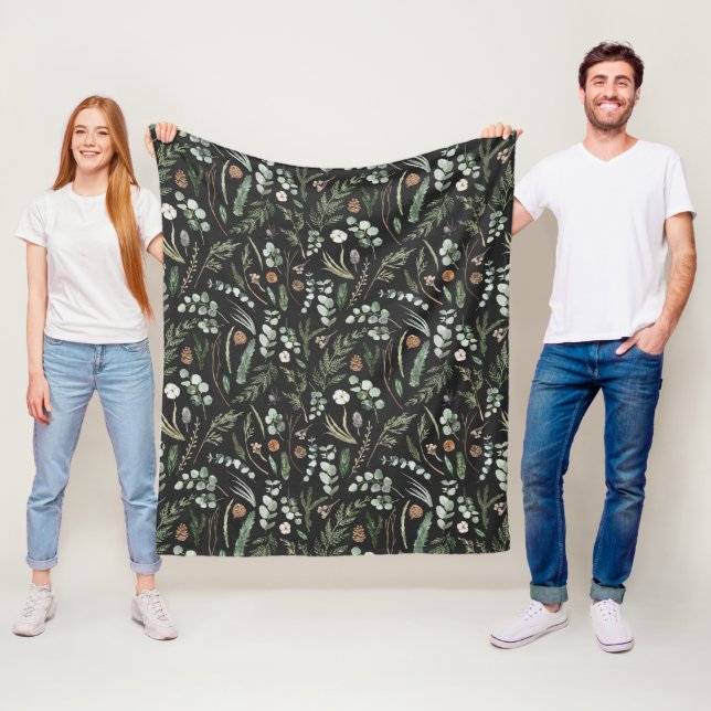 Black botanical elegant modern family gift fleece blanket (In Situ)