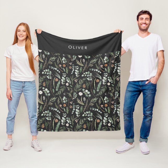 Black botanical elegant modern family gift fleece blanket (In Situ)