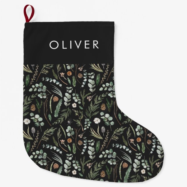 Black botanical elegant modern family gift large christmas stocking (Front)