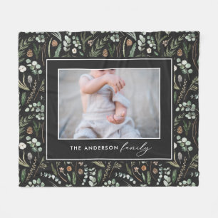 Black botanical elegant modern family photo fleece blanket