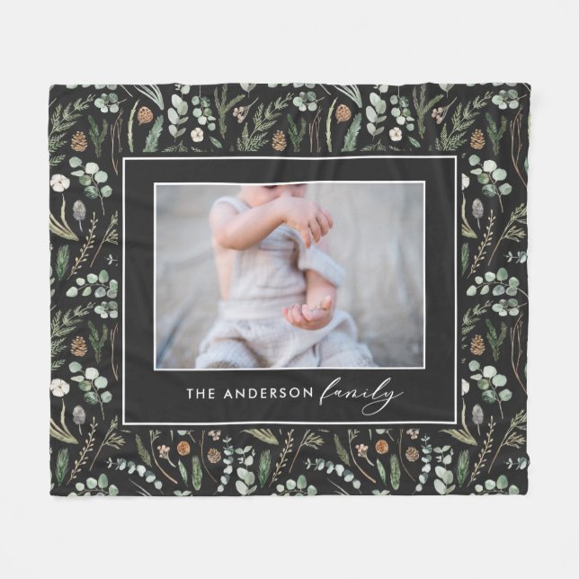 Black botanical elegant modern family photo fleece blanket (Front (Horizontal))