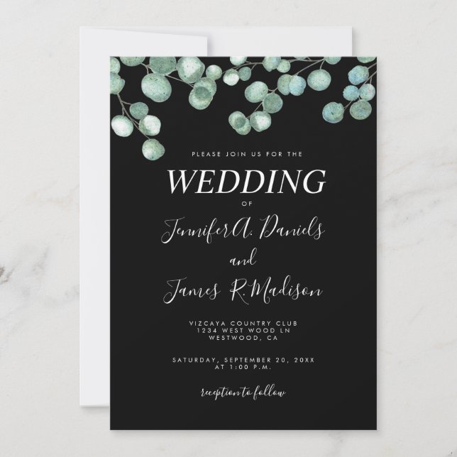 Black Botanical Eucalyptus Greenery Wedding Invitation (Front)