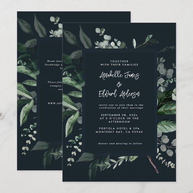 Black botanical floral elegant wedding details QR Invitation (Front/Back)