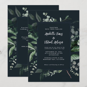 Black botanical floral elegant wedding details QR Invitation