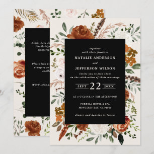 Black botanical floral elegant wedding details QR Invitation