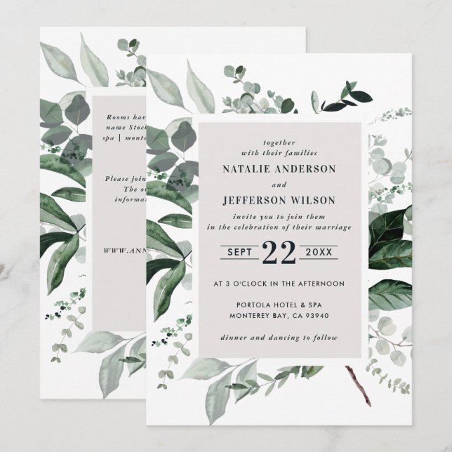 Black botanical floral elegant wedding details QR Invitation (Front/Back)