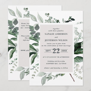 Black botanical floral elegant wedding details QR Invitation