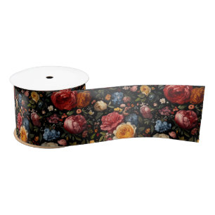 Black Botanical Floral Moody Baroque Antique Dutch Satin Ribbon