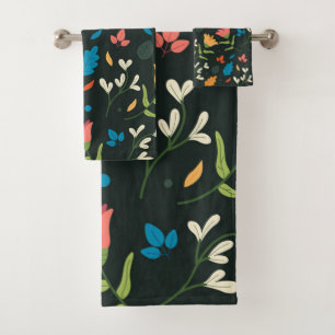Black Botanical Floral Print Bath Towel Set