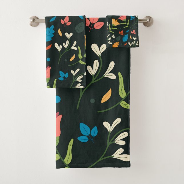 Black Botanical Floral Print Bath Towel Set (Insitu)