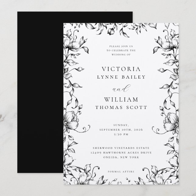 Black Botanical Garden Floral Wedding Invitation (Front/Back)
