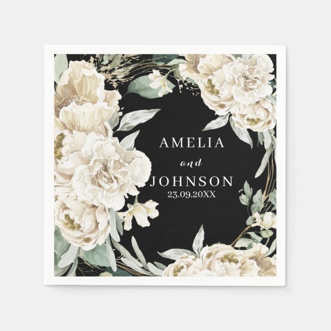 Black botanical greenery simple winter wedding napkin (Front)