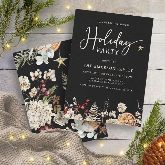 Black Botanical Holiday Party Invitation (Black Boho Rustic Botanical Holiday Party Invitation
)