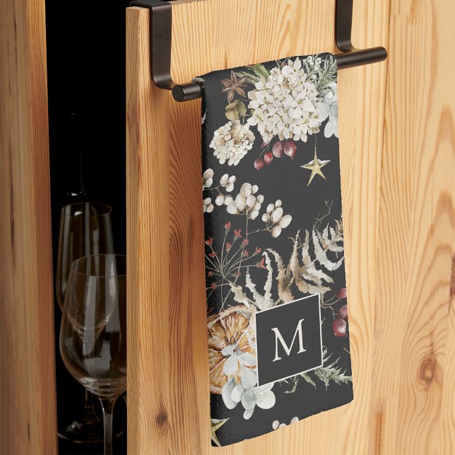 Black Botanical Holiday Tea Towel (Monogrammed Black Boho Botanical Holiday Kitchen Towel
)