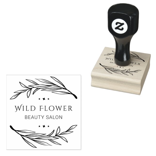 Black Botanical Leaves Custom Beauty Salon Logo Rubber Stamp (Stamped)