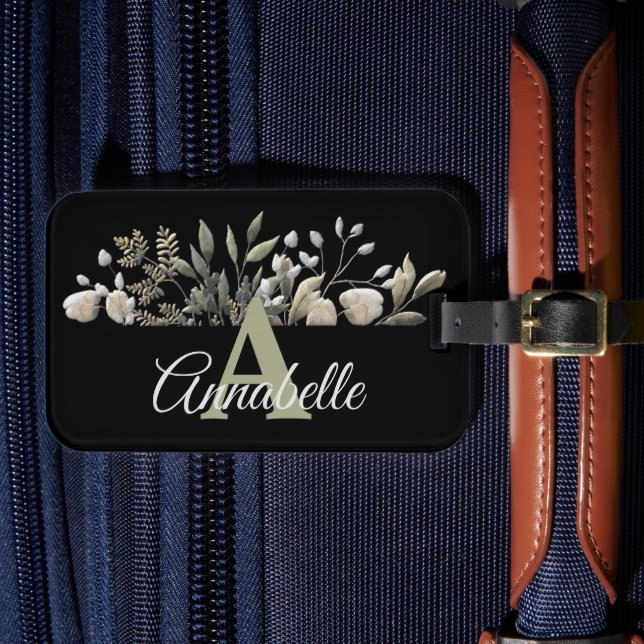 Black Botanical Leaves Monogrammed Luggage Tag (Front Insitu 4)