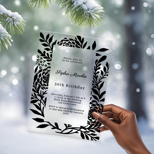 Black botanical luxury clear birthday acrylic invitations (Creator Uploaded)