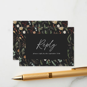 Black botanical minimal chic elegant wedding reply enclosure card