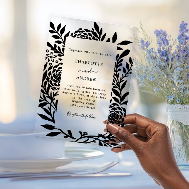 Black botanical modern clear luxury wedding acrylic invitations (Creator Uploaded)