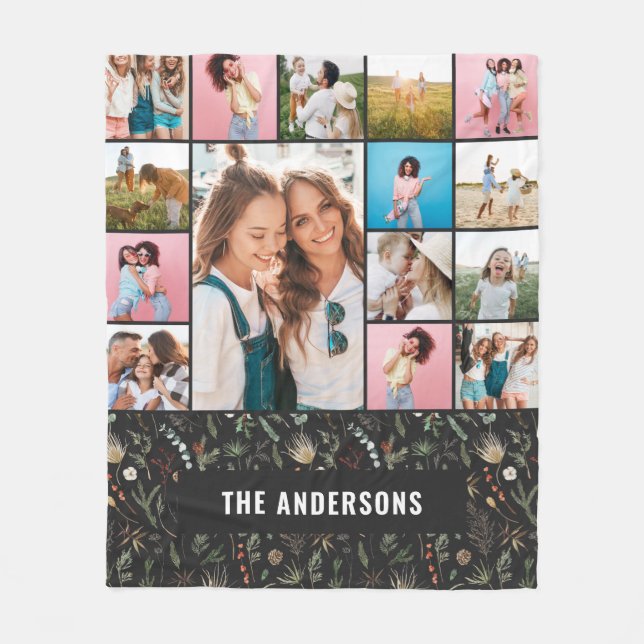 Black botanical modern minimal pampas 15 photo fleece blanket (Front)