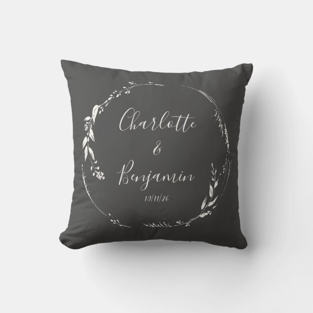 Black Botanical Personalised Script Wedding Names Cushion (Front)