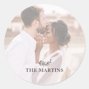 Black Botanical Personalised Wedding Photo Classic Round Sticker