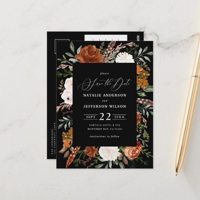 Black botanical rustic elegant modern wedding save postcard (Front/Back In Situ)