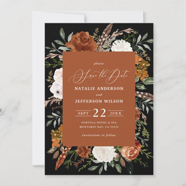 Black botanical rustic elegant modern wedding save save the date (Front)